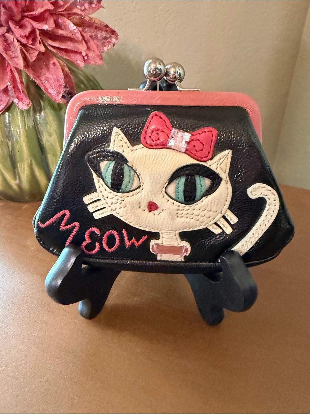 RARE Brighton Black & Pink Cat Kiss-Lock Coin Purse